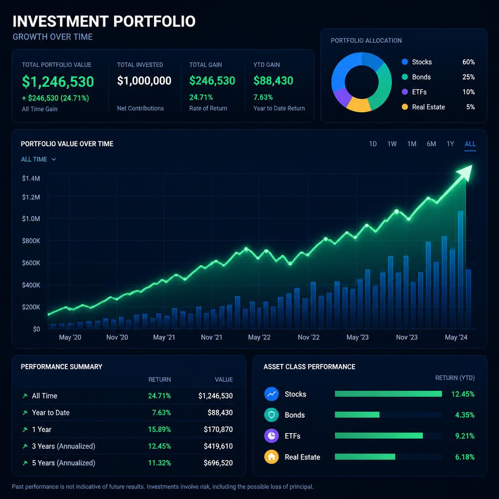 Rising investment portfolio growth chart with upward trending arrow and financial data visualization on digital display