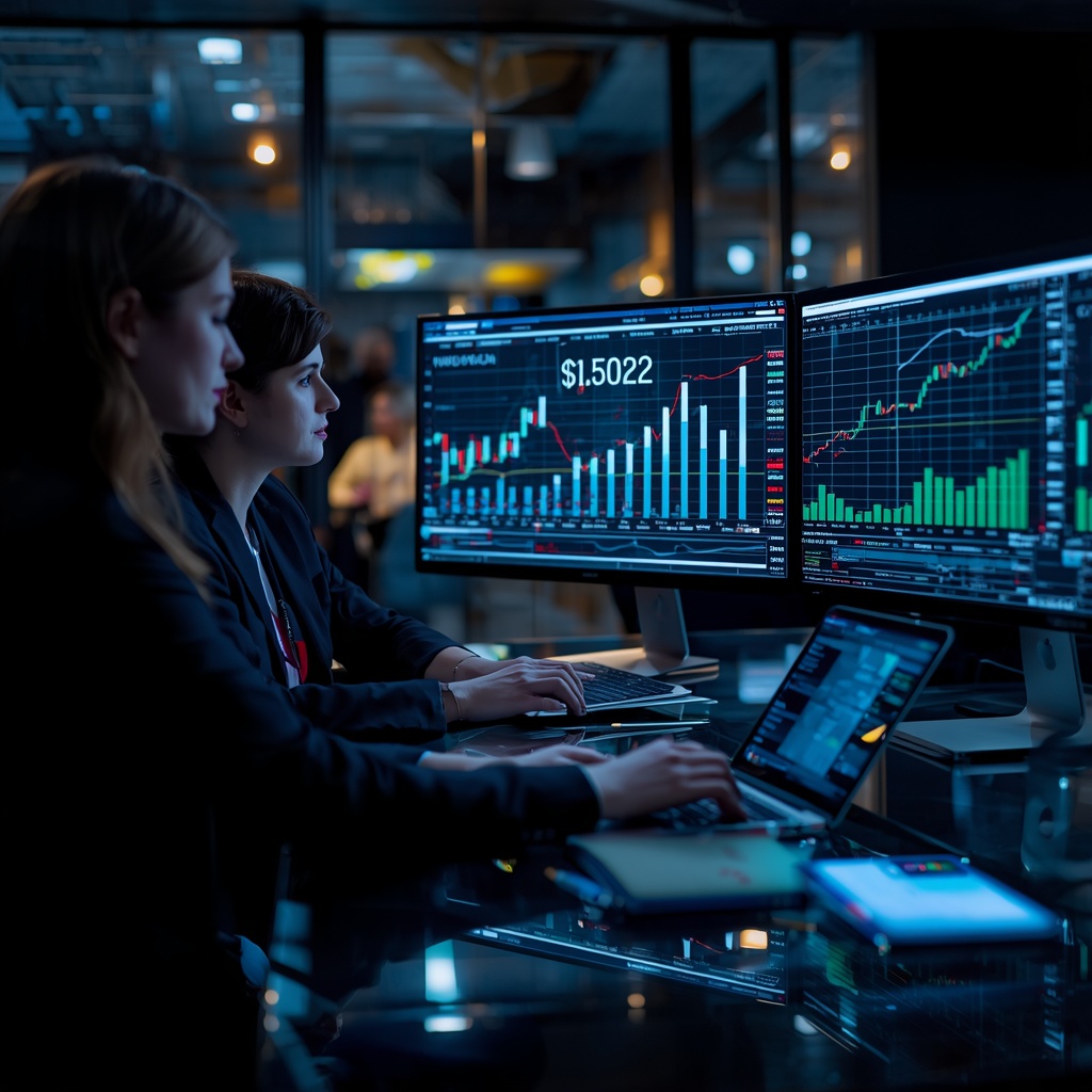 Professional investment team analyzing market trends and financial growth charts on a modern glass desk with digital displays